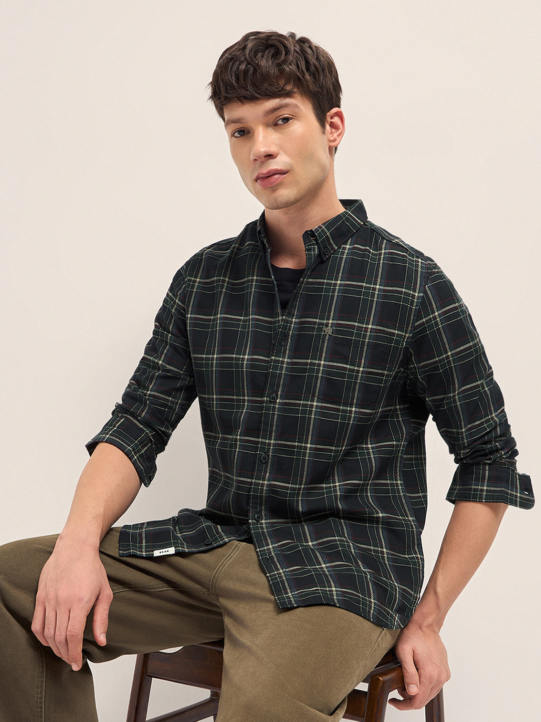 Black Woven Check Slim Fit Casual Shirt with Button-Down Collar