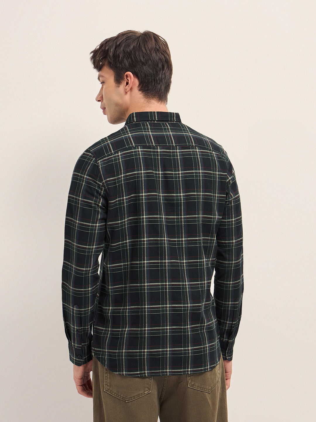 Black Woven Check Slim Fit Casual Shirt with Button-Down Collar