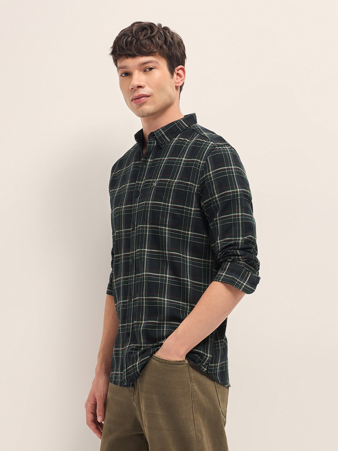 Black Woven Check Slim Fit Casual Shirt with Button-Down Collar