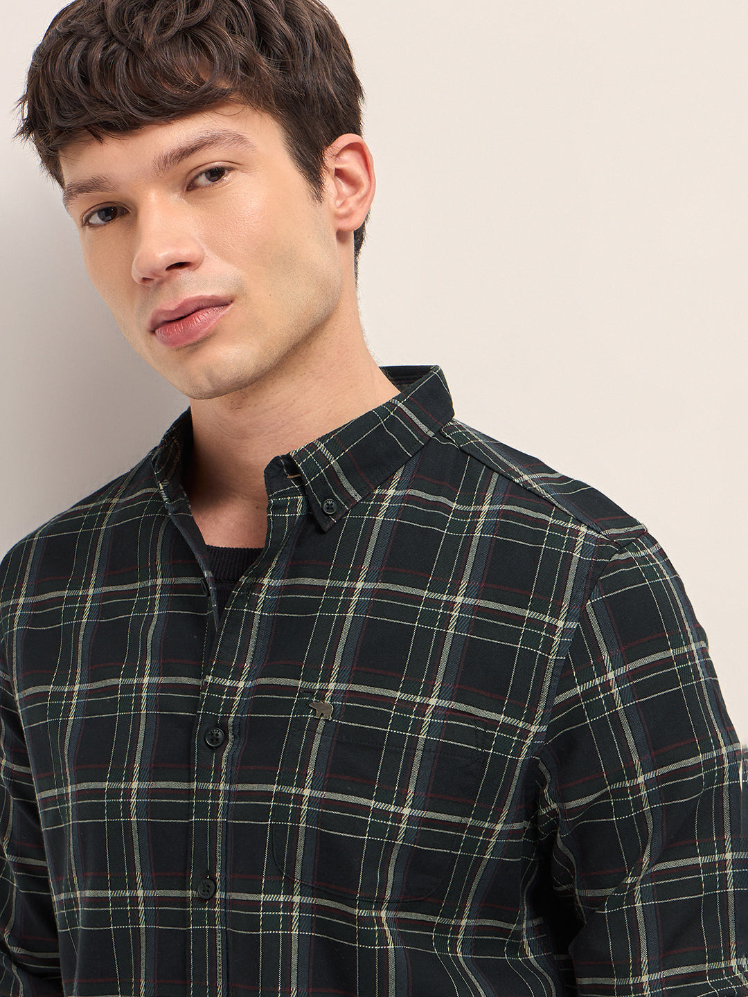 Black Woven Check Slim Fit Casual Shirt with Button-Down Collar