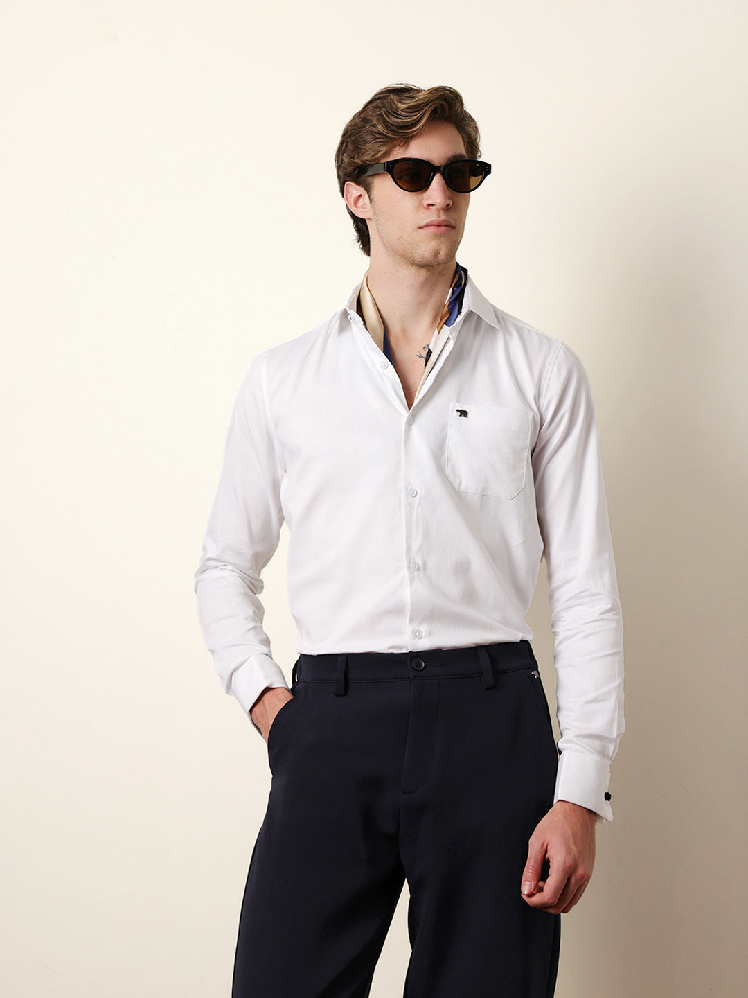 White Textured Woven Tailored Fit Formal Shirt with French Cuffs