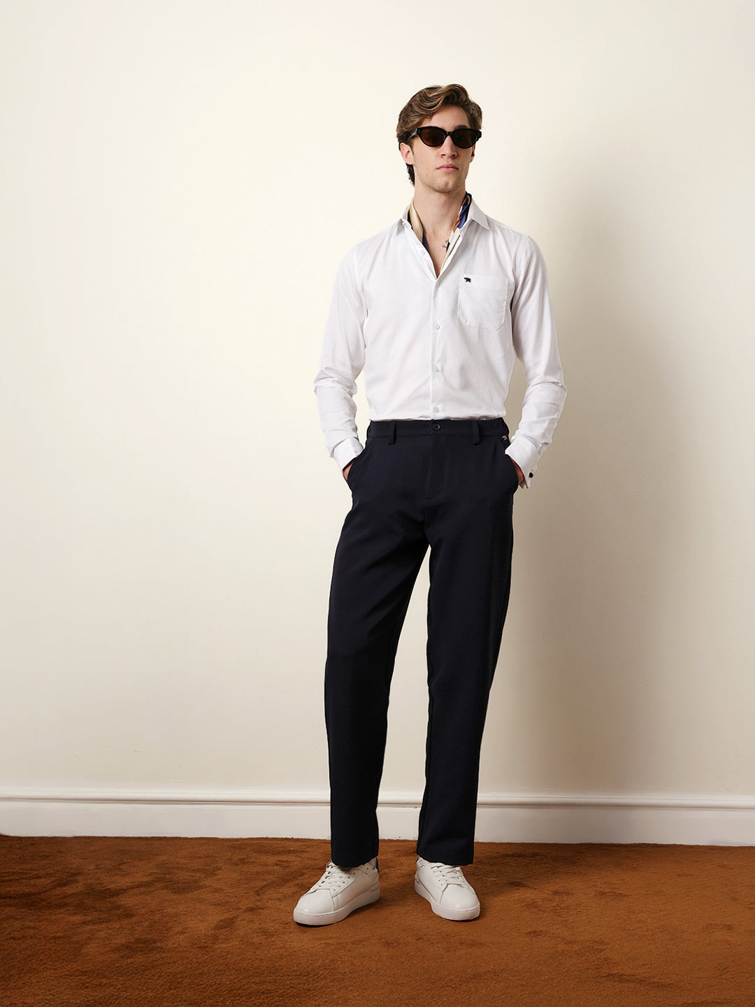 White Textured Woven Tailored Fit Formal Shirt with French Cuffs