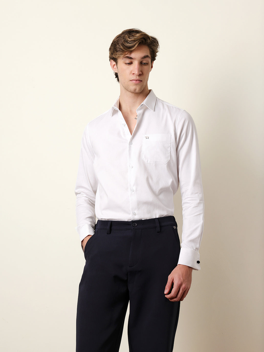 White Textured Woven Tailored Fit Formal Shirt with French Cuffs