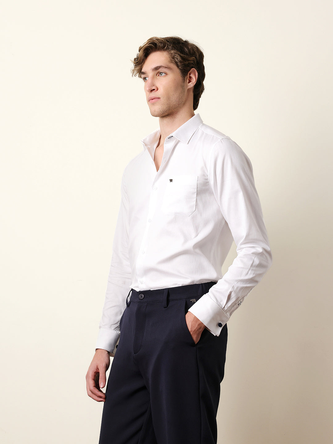 White Textured Woven Tailored Fit Formal Shirt with French Cuffs
