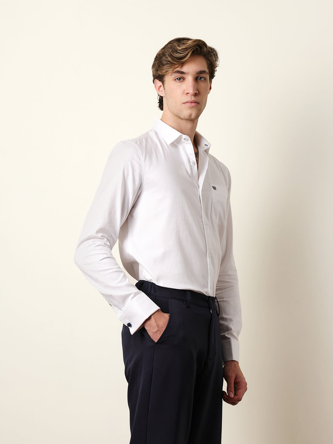 White Textured Woven Tailored Fit Formal Shirt with French Cuffs