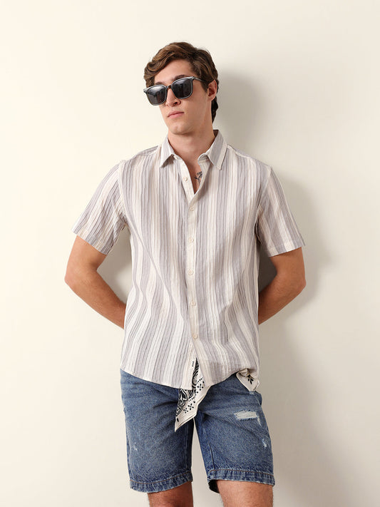 Grey & Cream Vertical Striped Regular Fit Half Sleeve Shirt