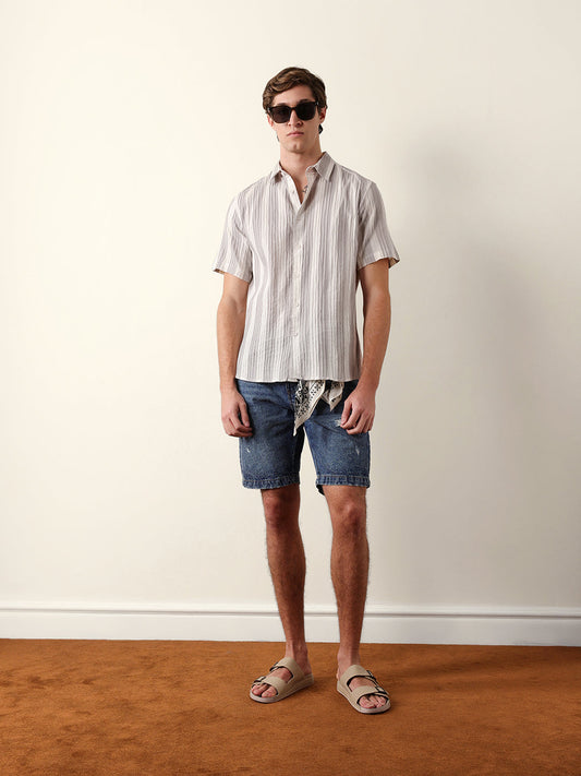 Grey & Cream Vertical Striped Regular Fit Half Sleeve Shirt