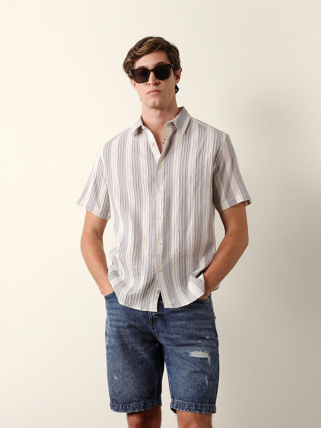 Grey & Cream Vertical Striped Regular Fit Half Sleeve Shirt