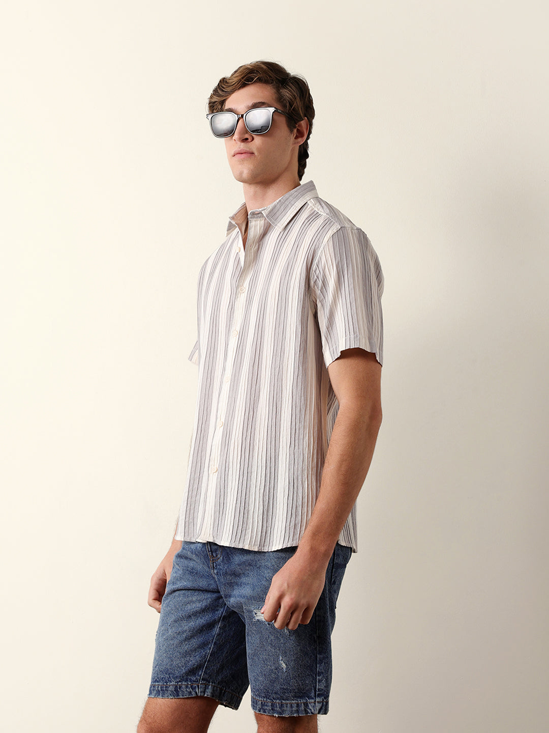 Grey & Cream Vertical Striped Regular Fit Half Sleeve Shirt