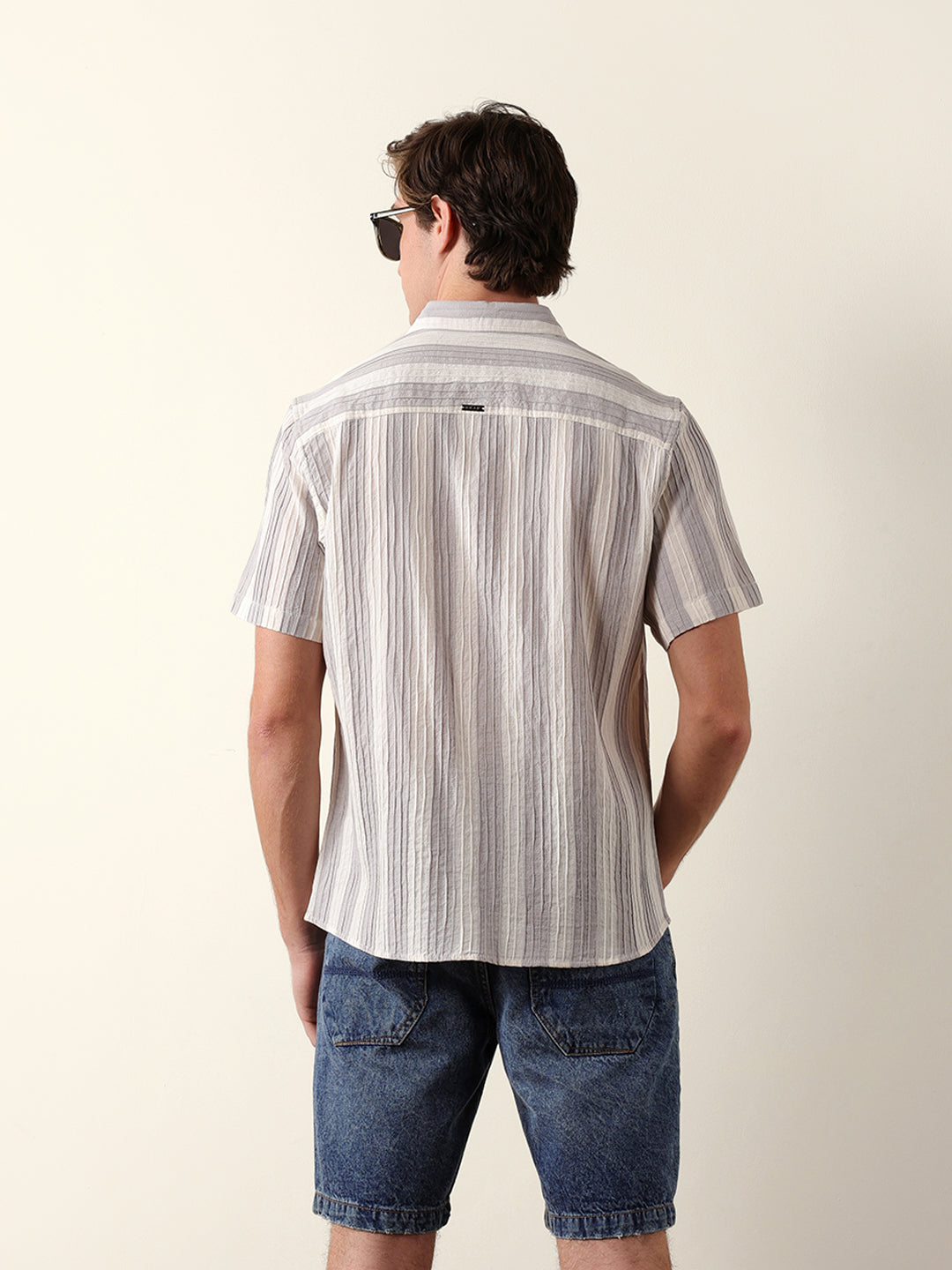 Grey & Cream Vertical Striped Regular Fit Half Sleeve Shirt