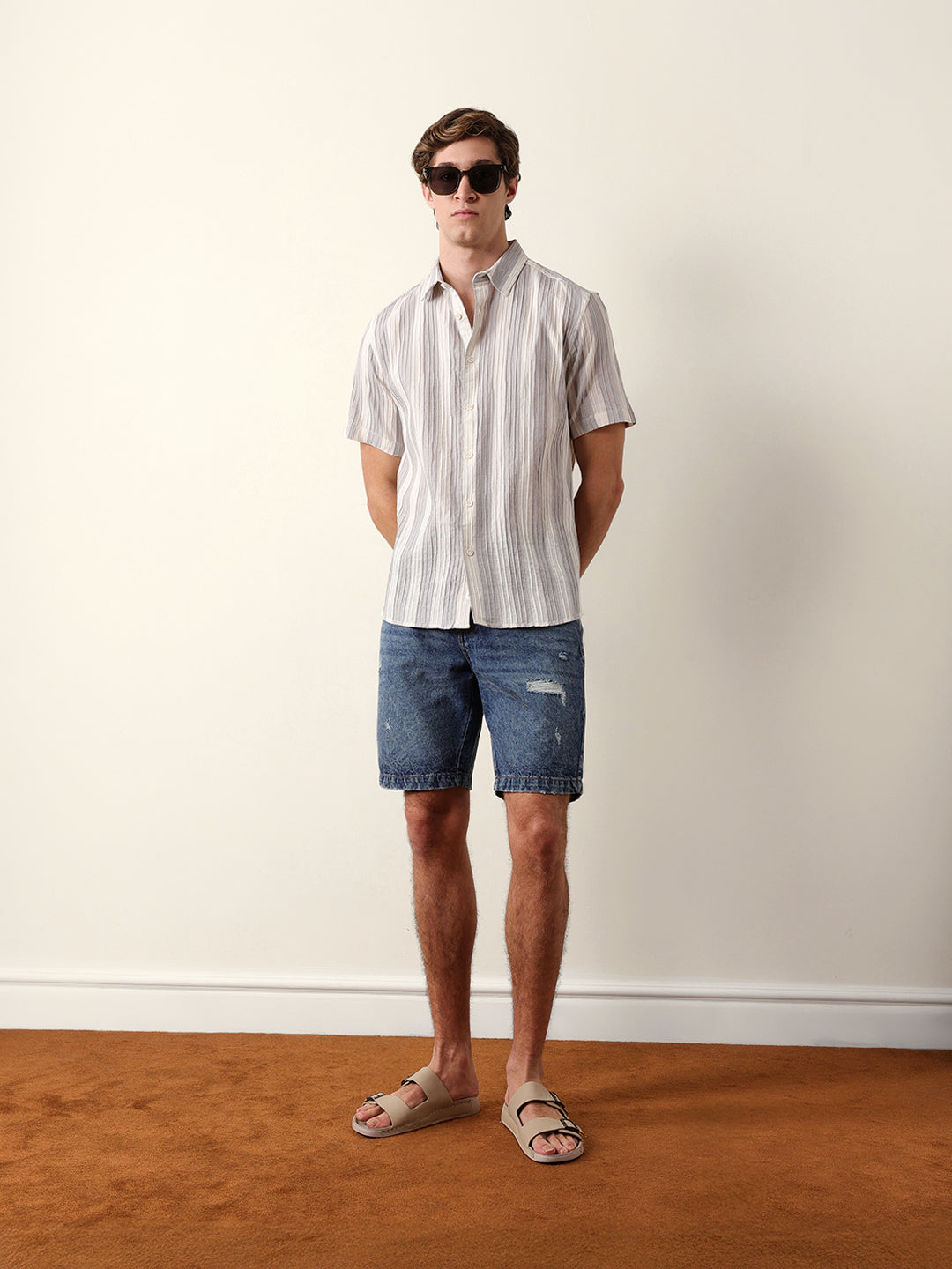 Grey & Cream Vertical Striped Regular Fit Half Sleeve Shirt