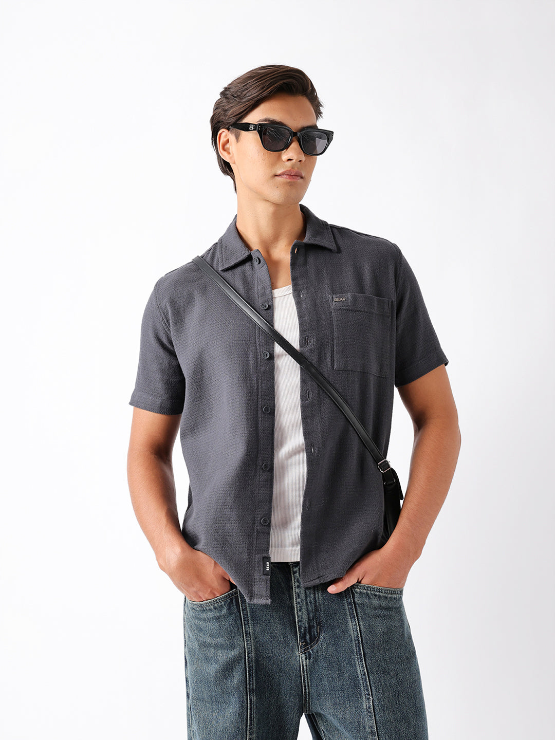 Dark Grey Textured Weave Regular Fit Half-Sleeve Casual Shirt