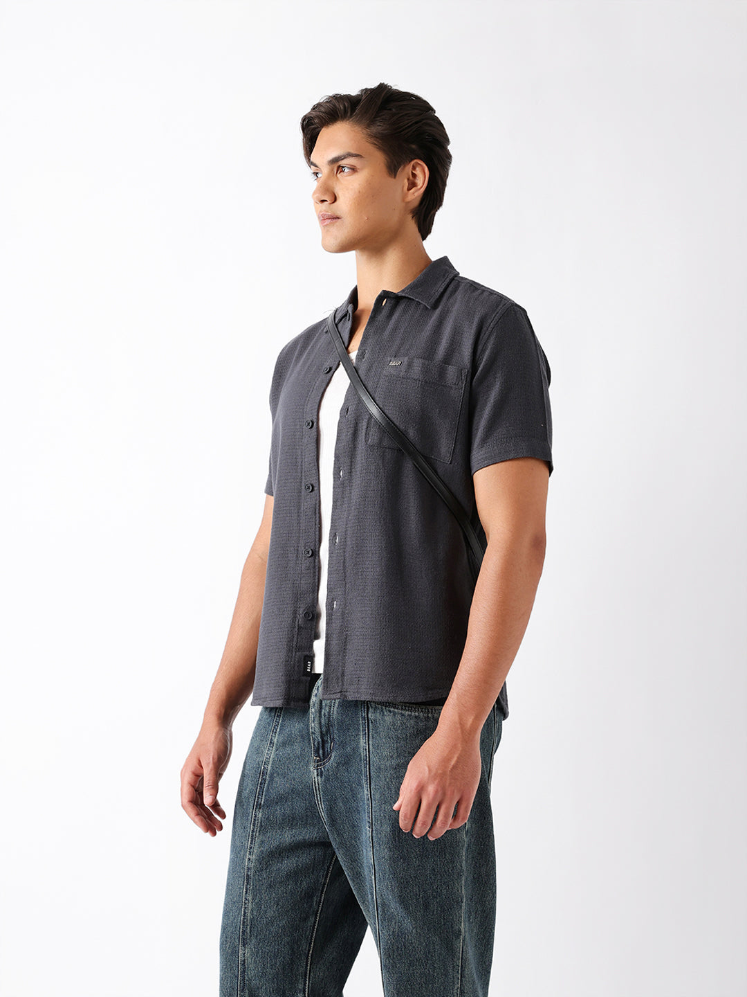 Dark Grey Textured Weave Regular Fit Half-Sleeve Casual Shirt