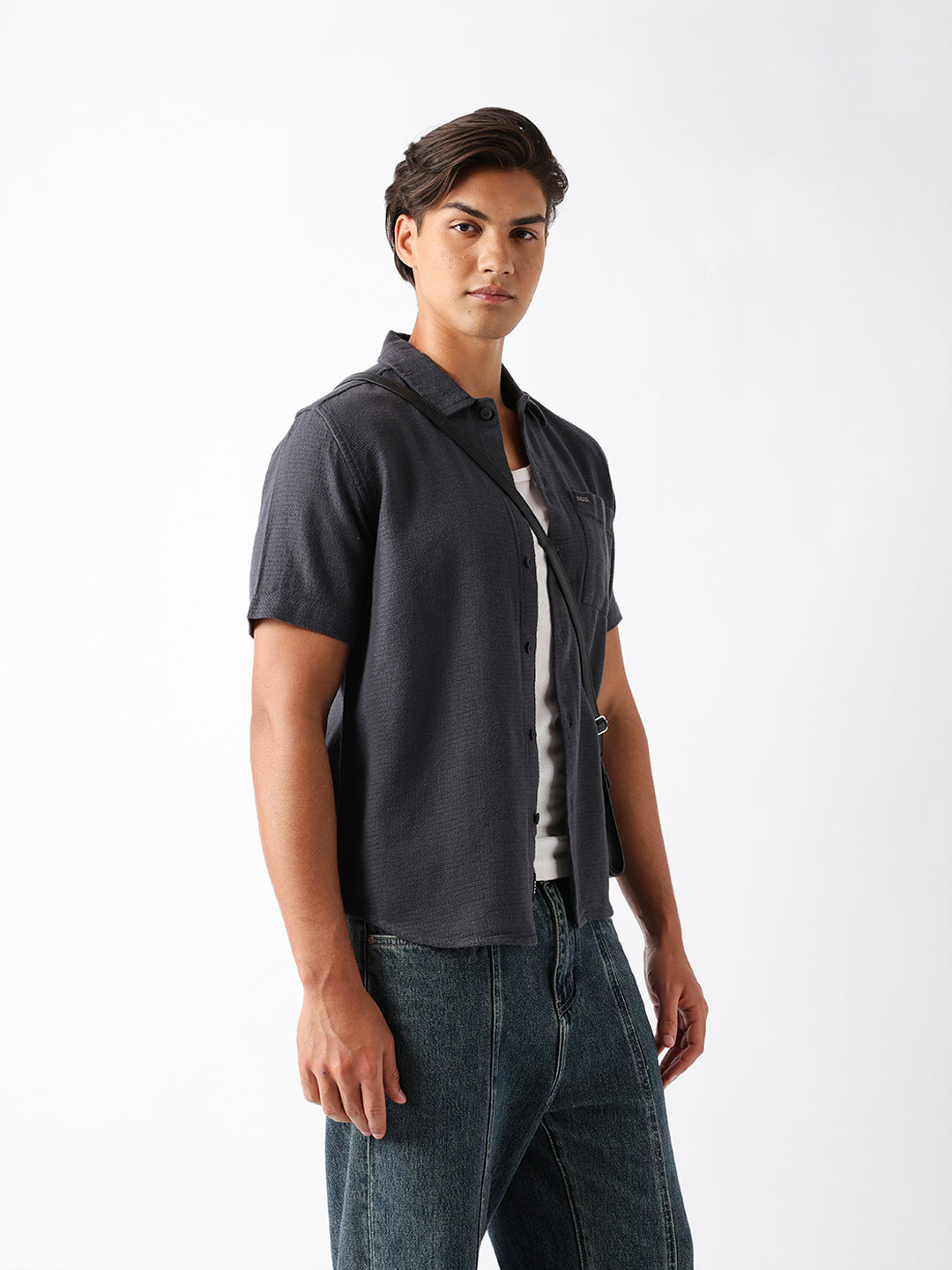 Dark Grey Textured Weave Regular Fit Half-Sleeve Casual Shirt