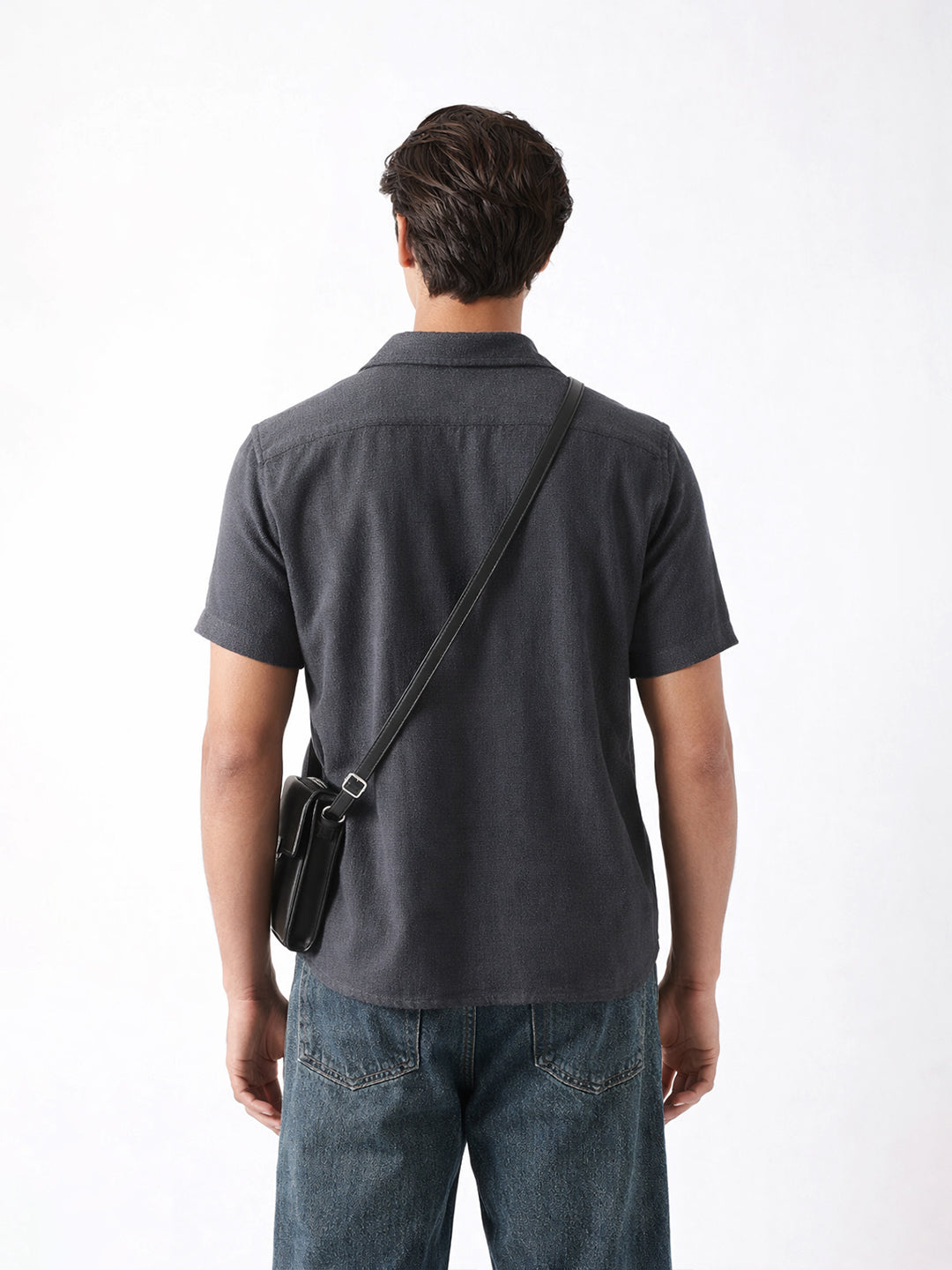 Dark Grey Textured Weave Regular Fit Half-Sleeve Casual Shirt