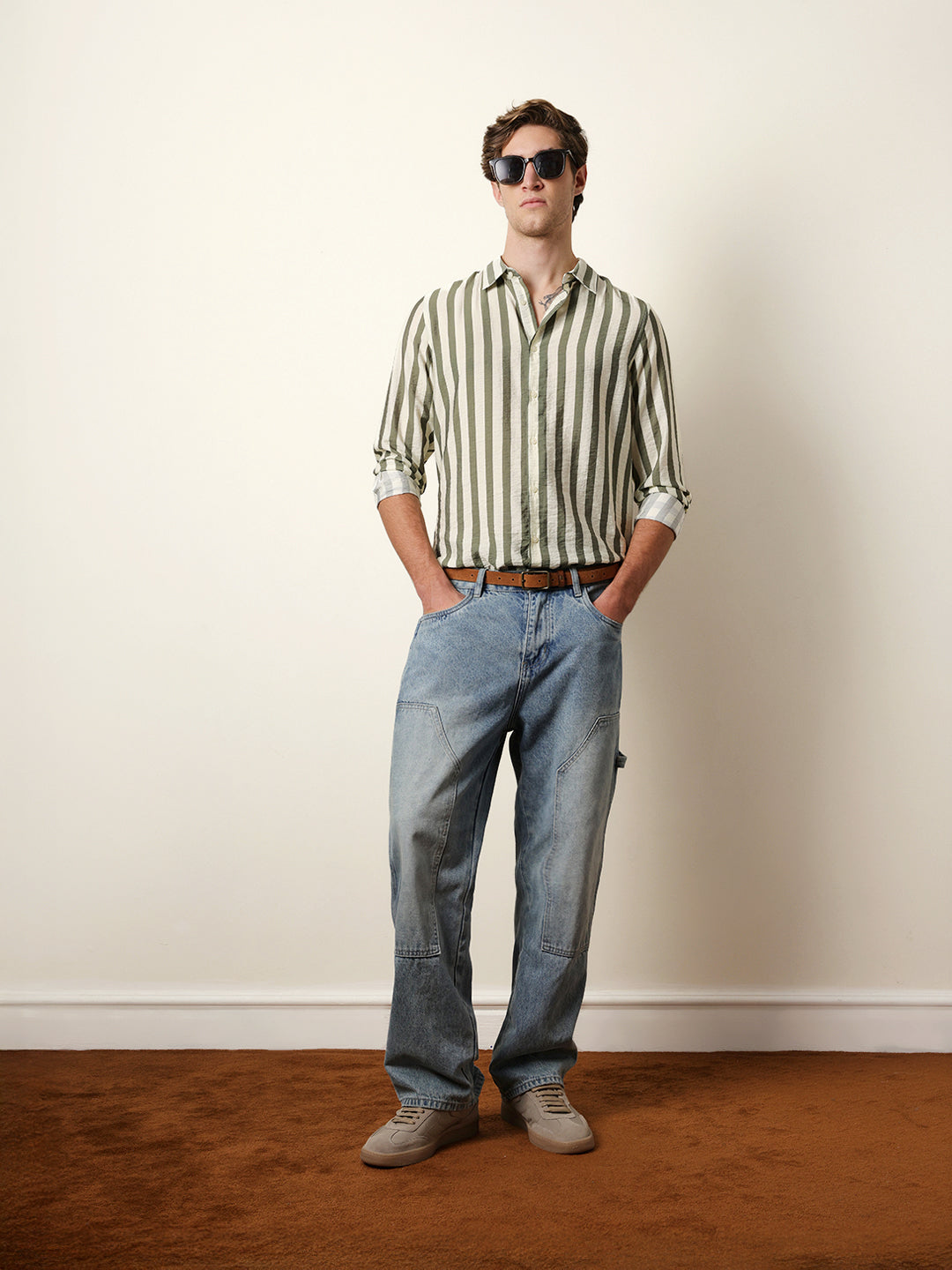 Green & Cream Vertical Stripe Regular Fit Casual Shirt