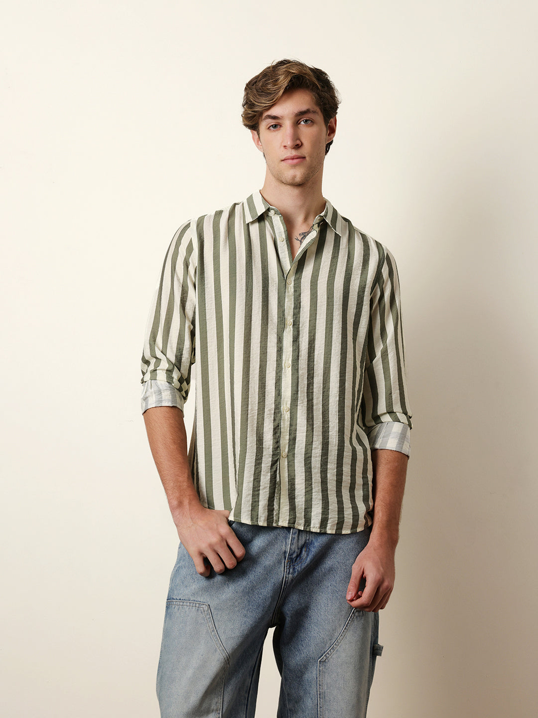 Green & Cream Vertical Stripe Regular Fit Casual Shirt