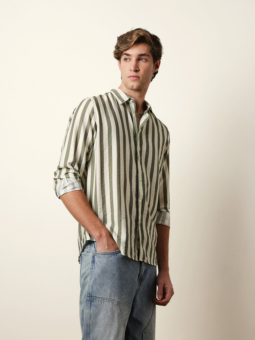 Green & Cream Vertical Stripe Regular Fit Casual Shirt