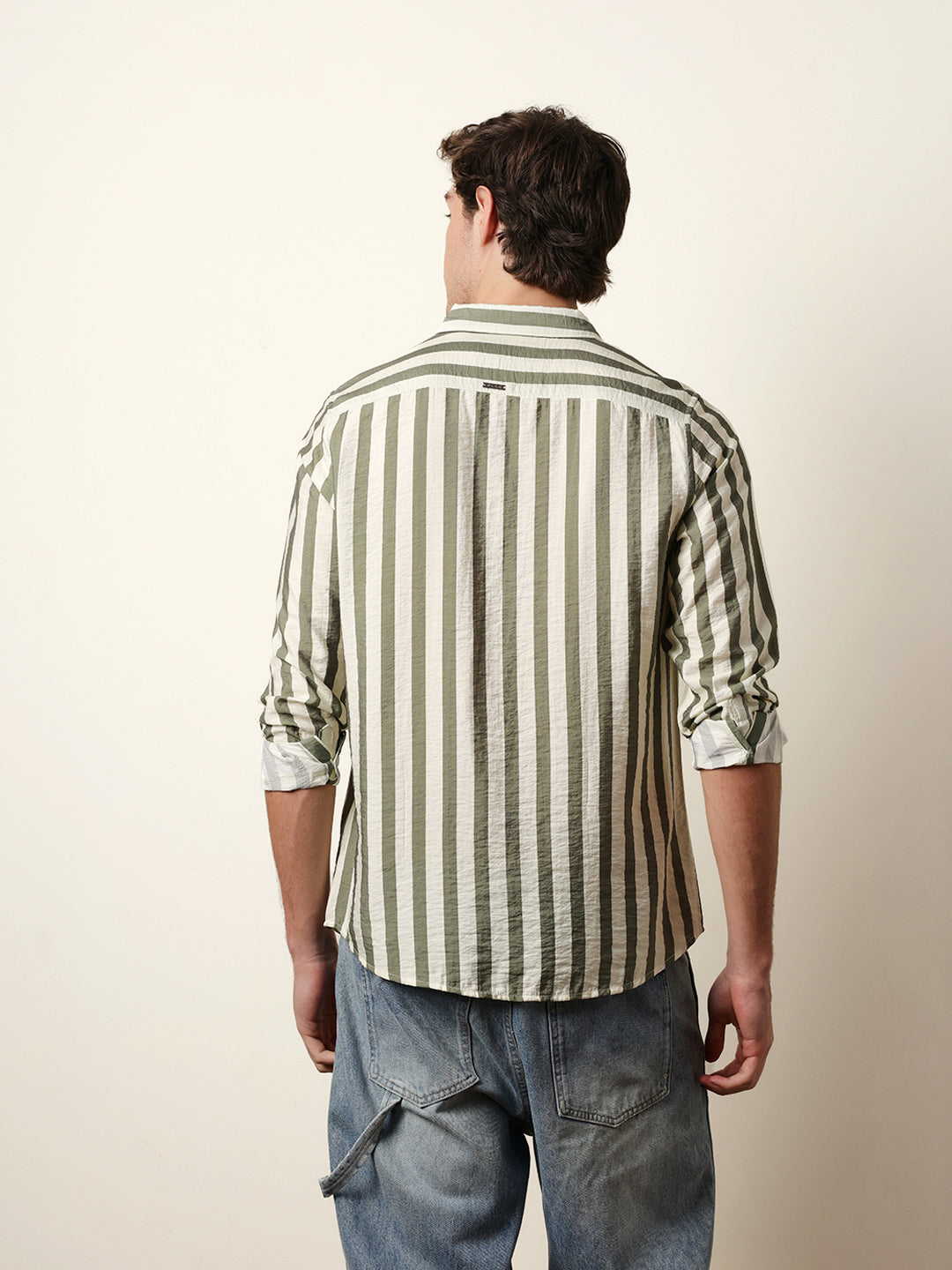 Green & Cream Vertical Stripe Regular Fit Casual Shirt
