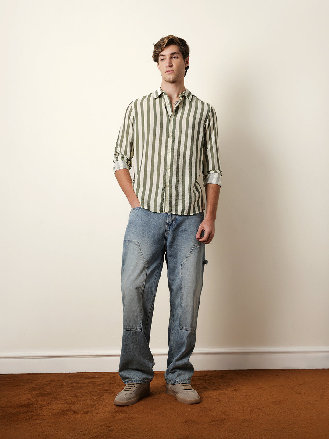 Green & Cream Vertical Stripe Regular Fit Casual Shirt