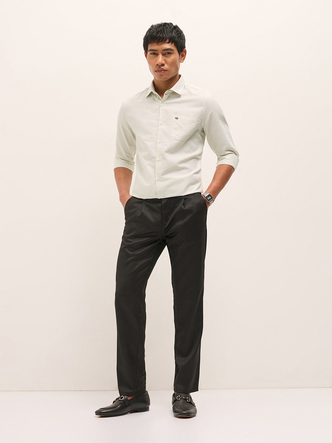 Light Green Woven Cotton Blend Tailored Fit Formal Shirt