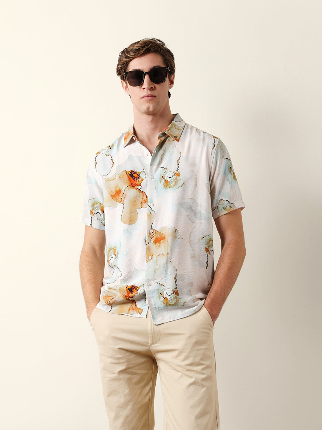 Multicolor Watercolor Botanical Print Regular Fit Casual Shirt