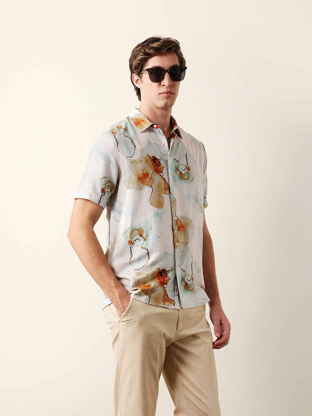 Multicolor Watercolor Botanical Print Regular Fit Casual Shirt