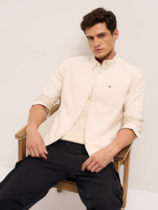 Beige Solid Slim Fit Cotton Casual Shirt