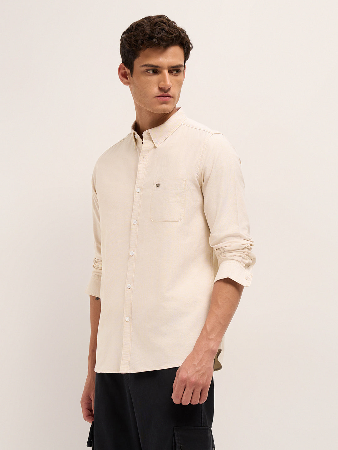 Beige Solid Slim Fit Cotton Casual Shirt