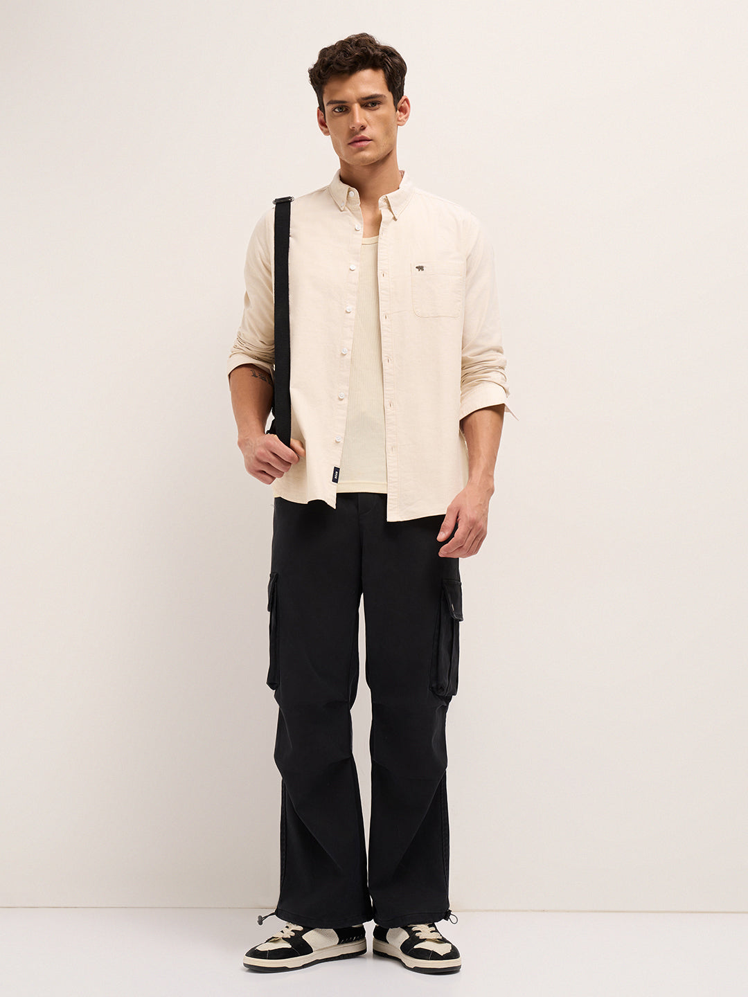 Beige Solid Slim Fit Cotton Casual Shirt
