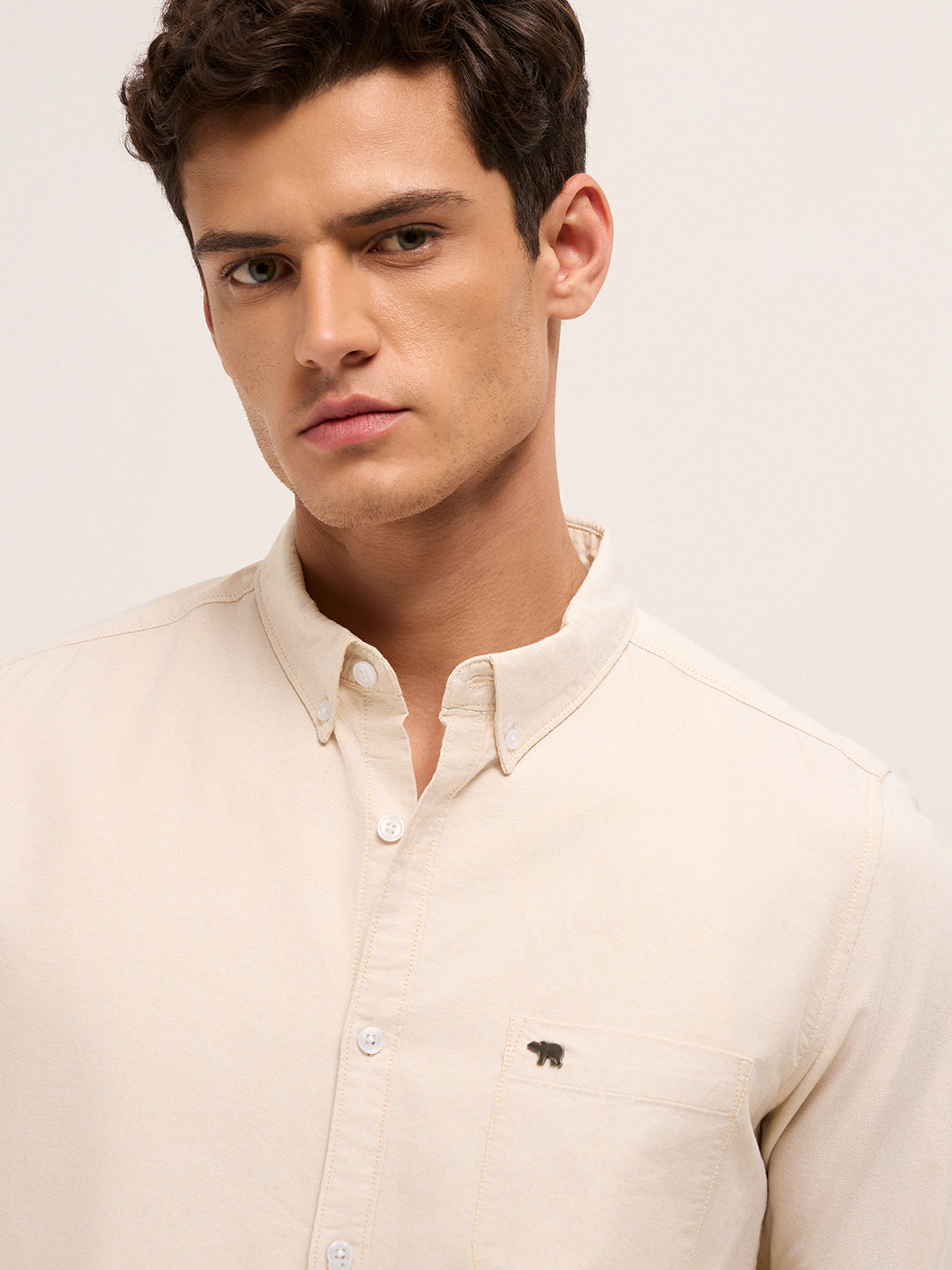 Beige Solid Slim Fit Cotton Casual Shirt
