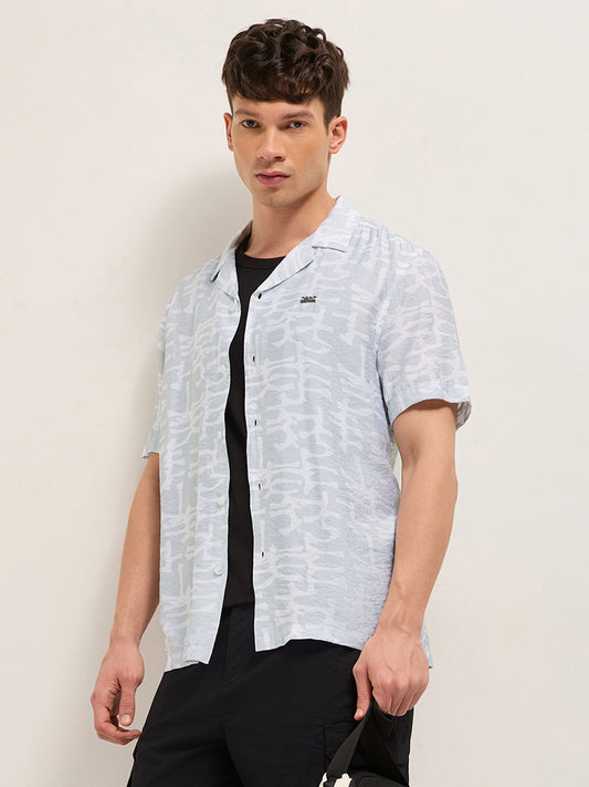 Grey Abstract Brush Stroke Print Relaxed Fit Cuban Collar Shirt