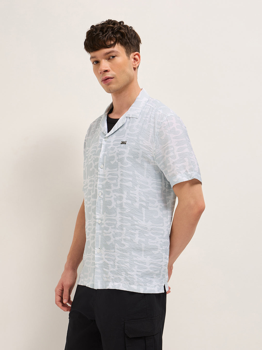 Grey Abstract Brush Stroke Print Relaxed Fit Cuban Collar Shirt