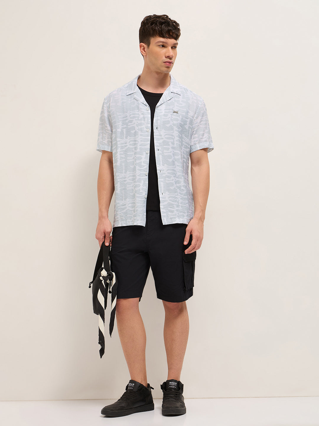 Grey Abstract Brush Stroke Print Relaxed Fit Cuban Collar Shirt