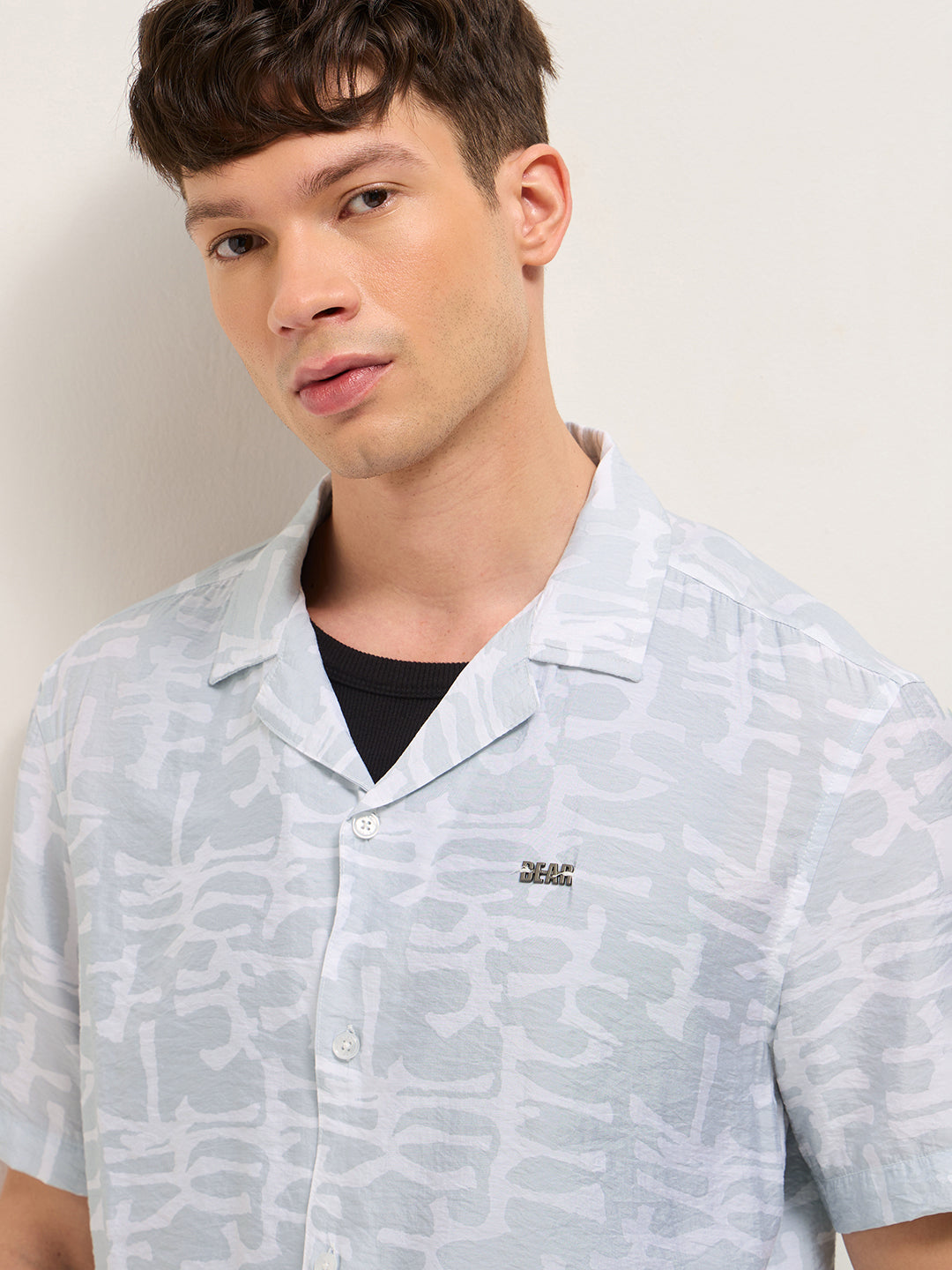 Grey Abstract Brush Stroke Print Relaxed Fit Cuban Collar Shirt
