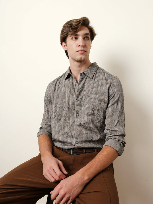 Grey Vertical Seersucker Pinstripe Slim Fit Casual Shirt