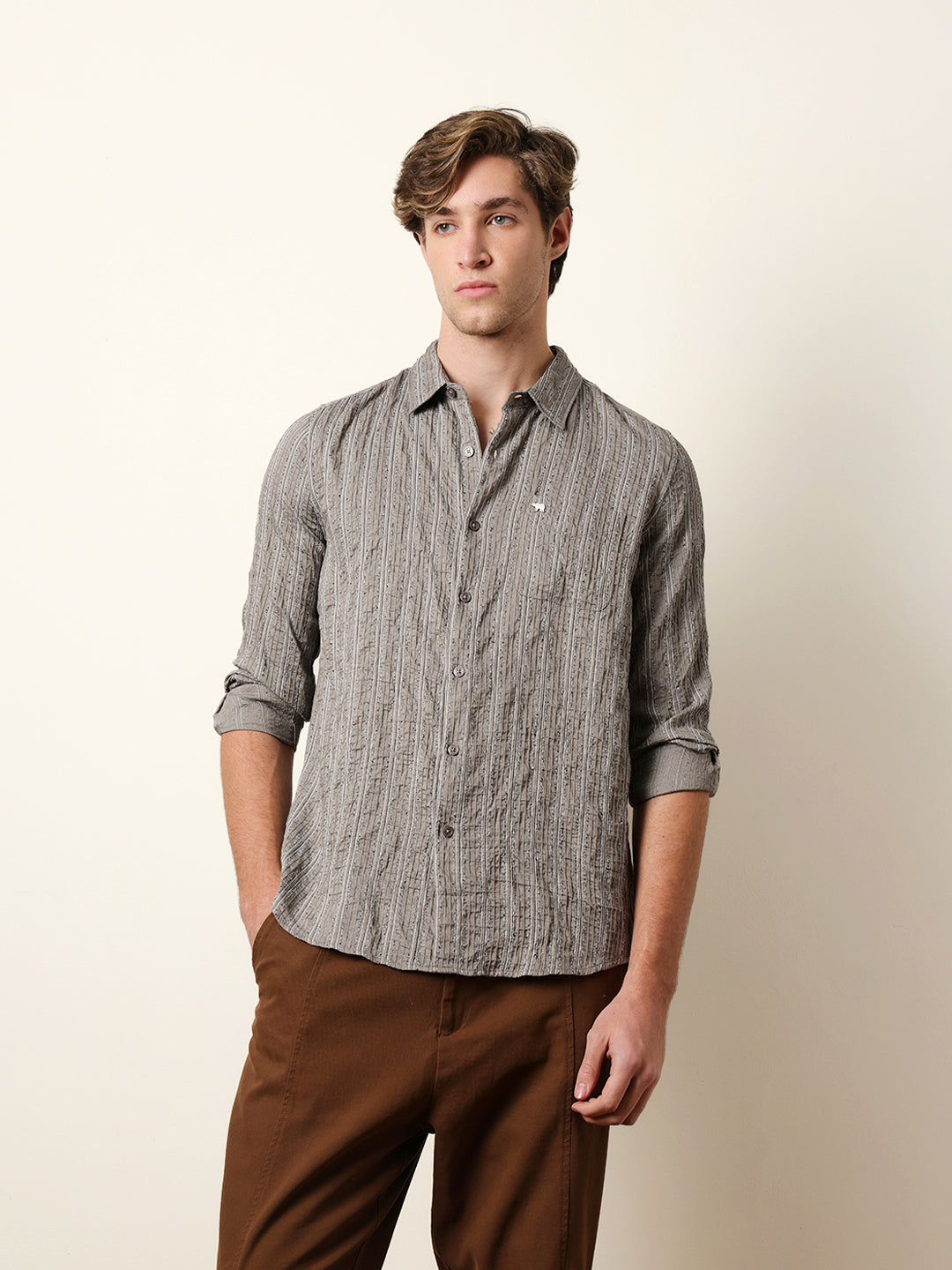 Grey Vertical Seersucker Pinstripe Slim Fit Casual Shirt