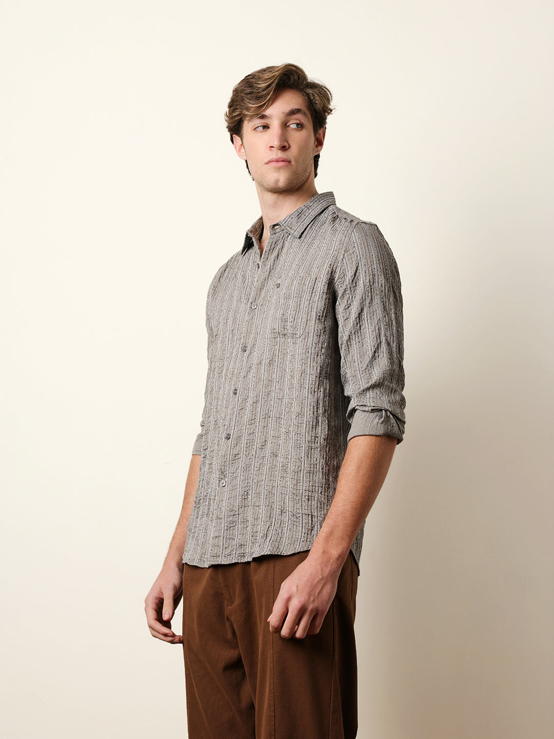 Grey Vertical Seersucker Pinstripe Slim Fit Casual Shirt