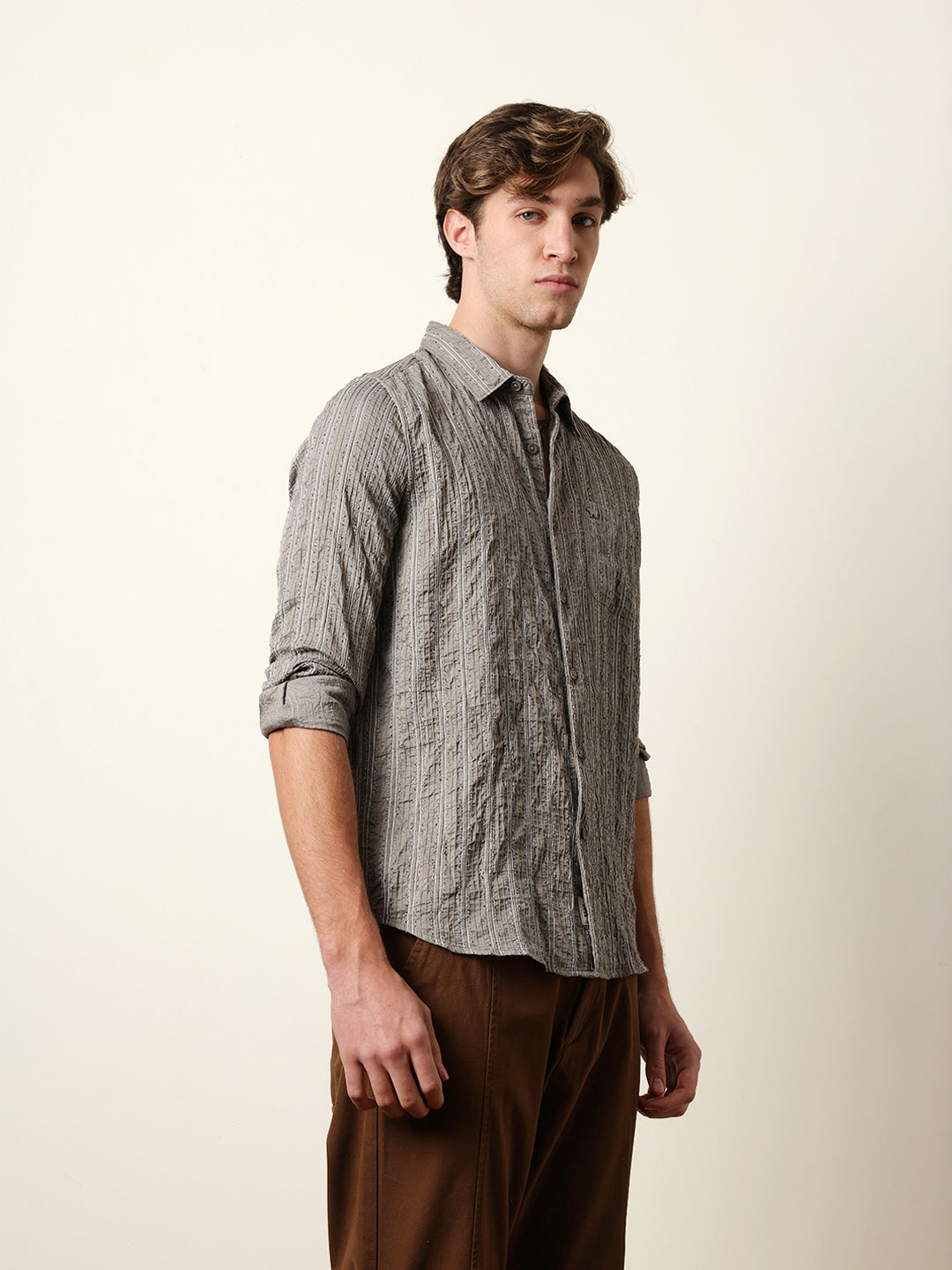 Grey Vertical Seersucker Pinstripe Slim Fit Casual Shirt