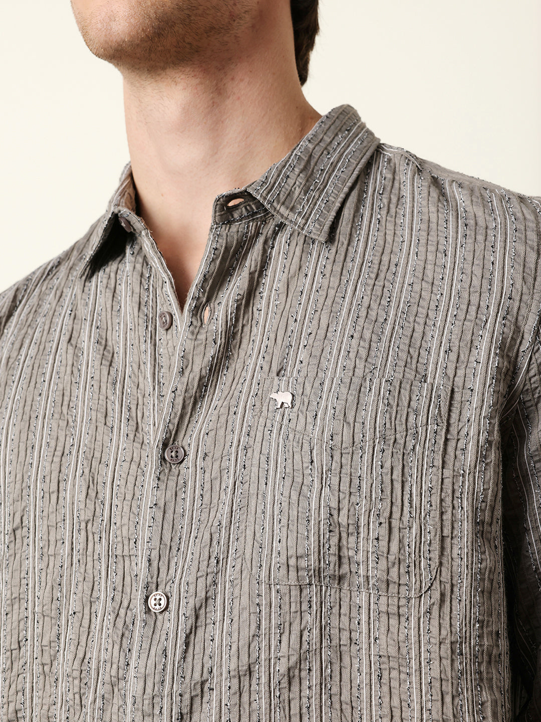 Grey Vertical Seersucker Pinstripe Slim Fit Casual Shirt