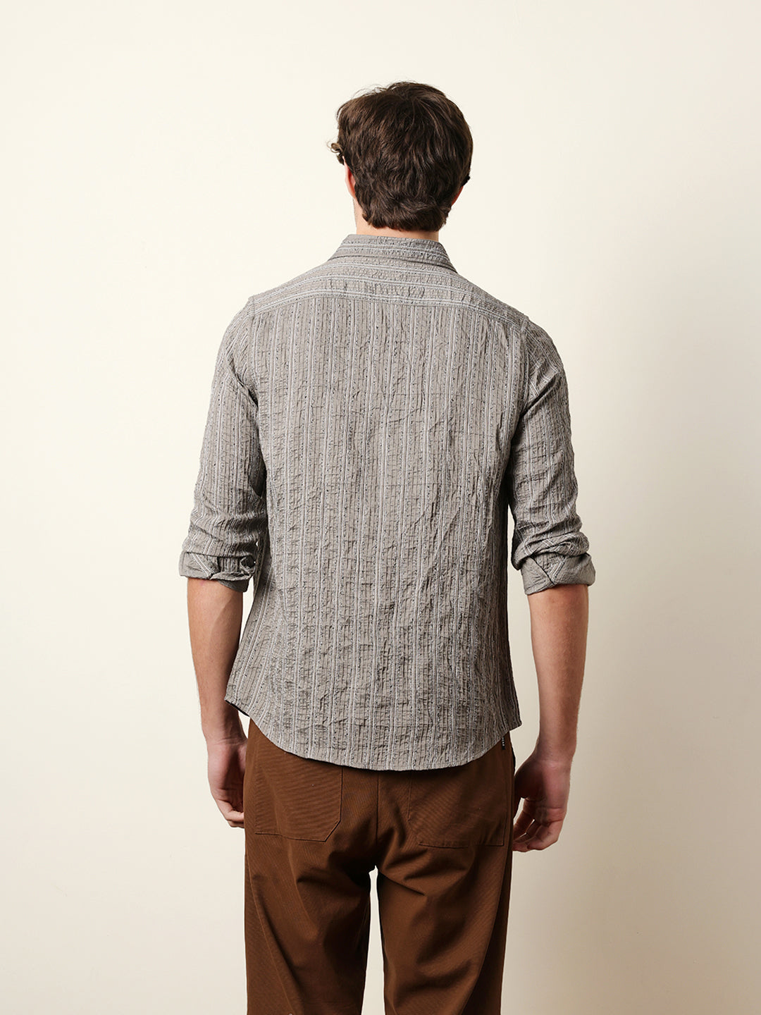 Grey Vertical Seersucker Pinstripe Slim Fit Casual Shirt