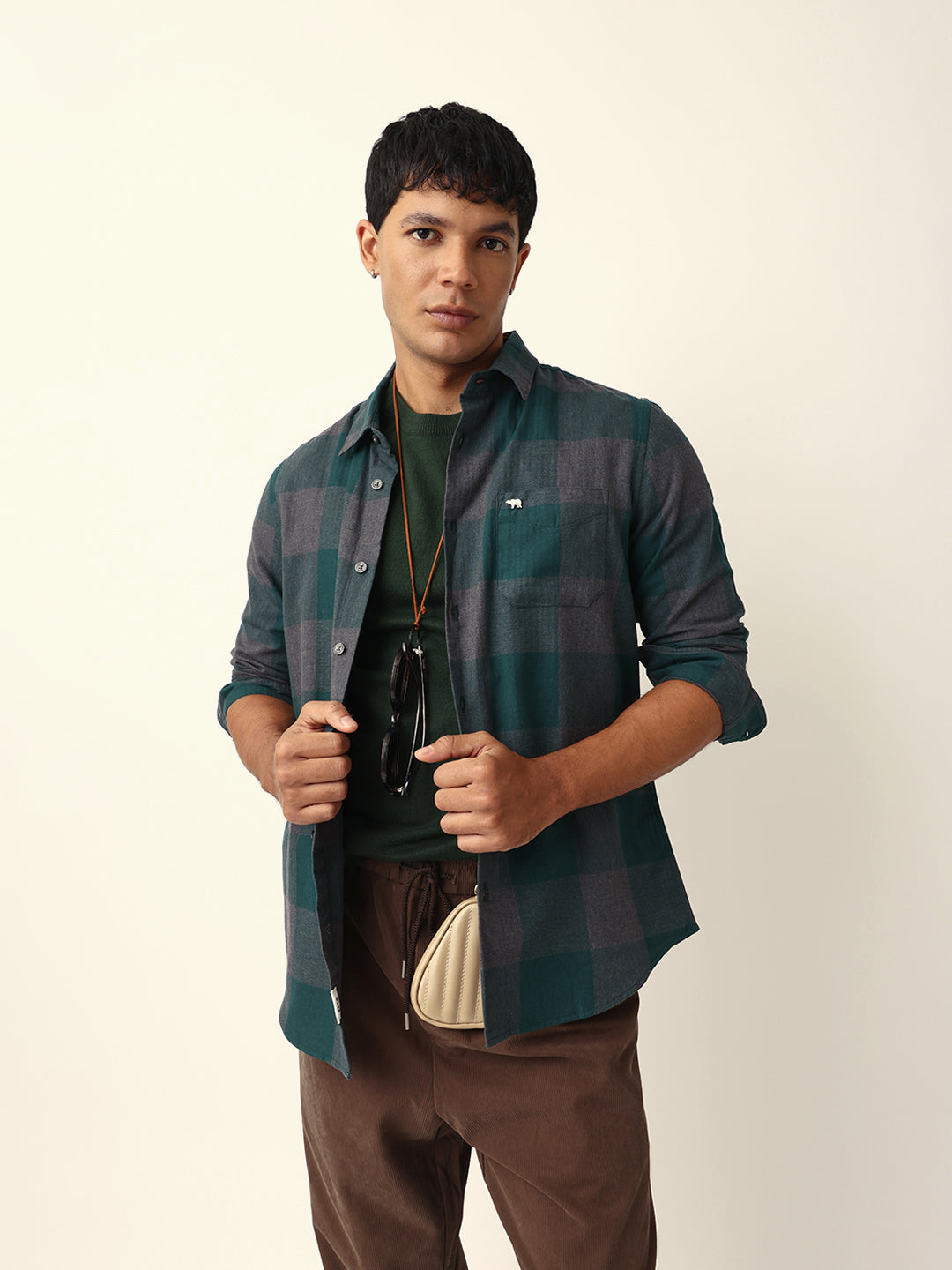 Green with Grey Woven Checks Slim Fit Casual Shirt
