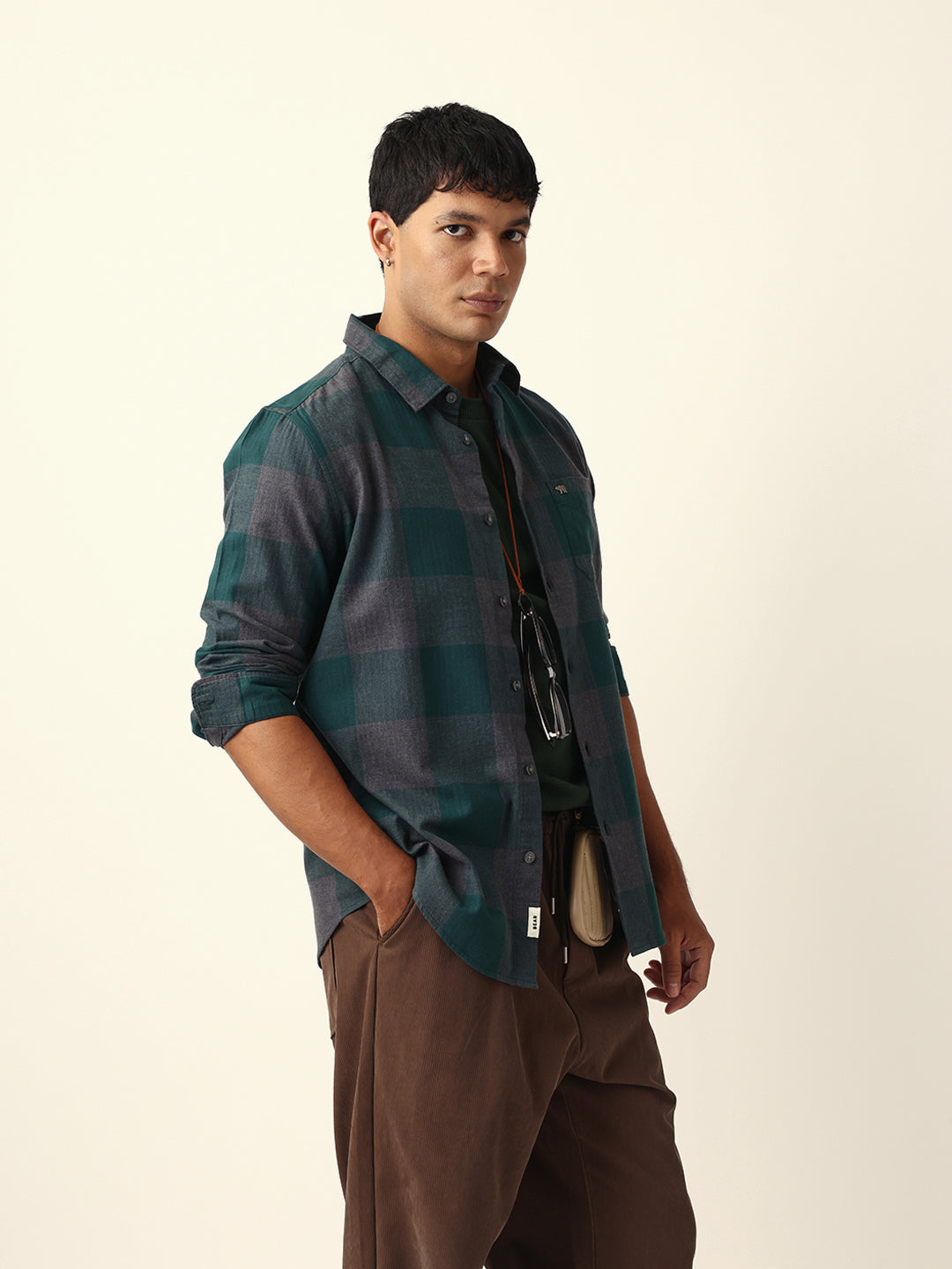 Green with Grey Woven Checks Slim Fit Casual Shirt