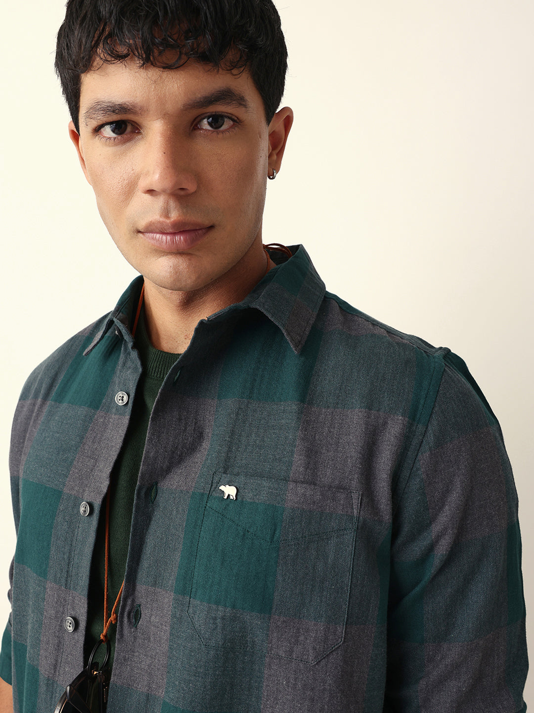 Green with Grey Woven Checks Slim Fit Casual Shirt