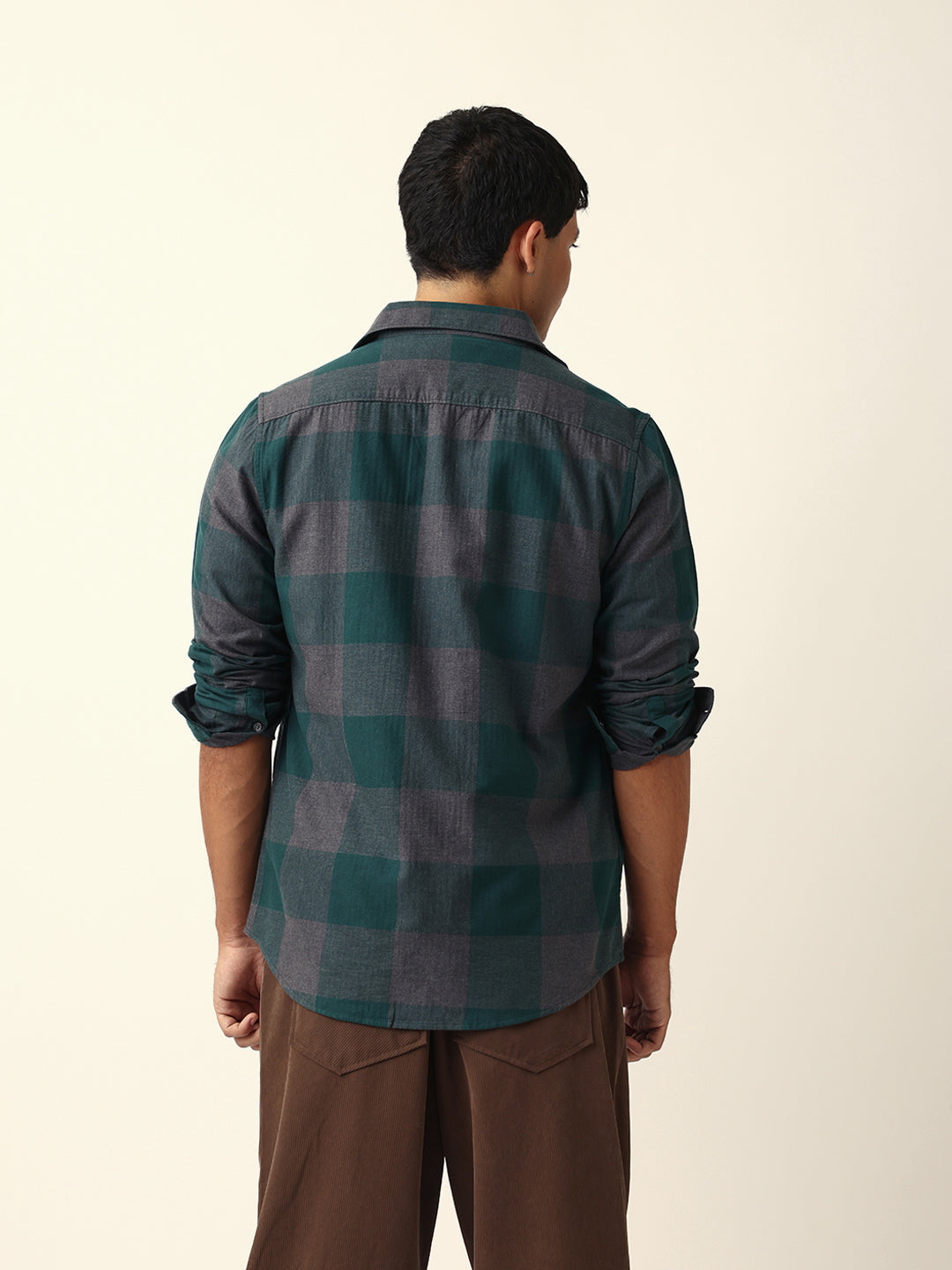 Green with Grey Woven Checks Slim Fit Casual Shirt