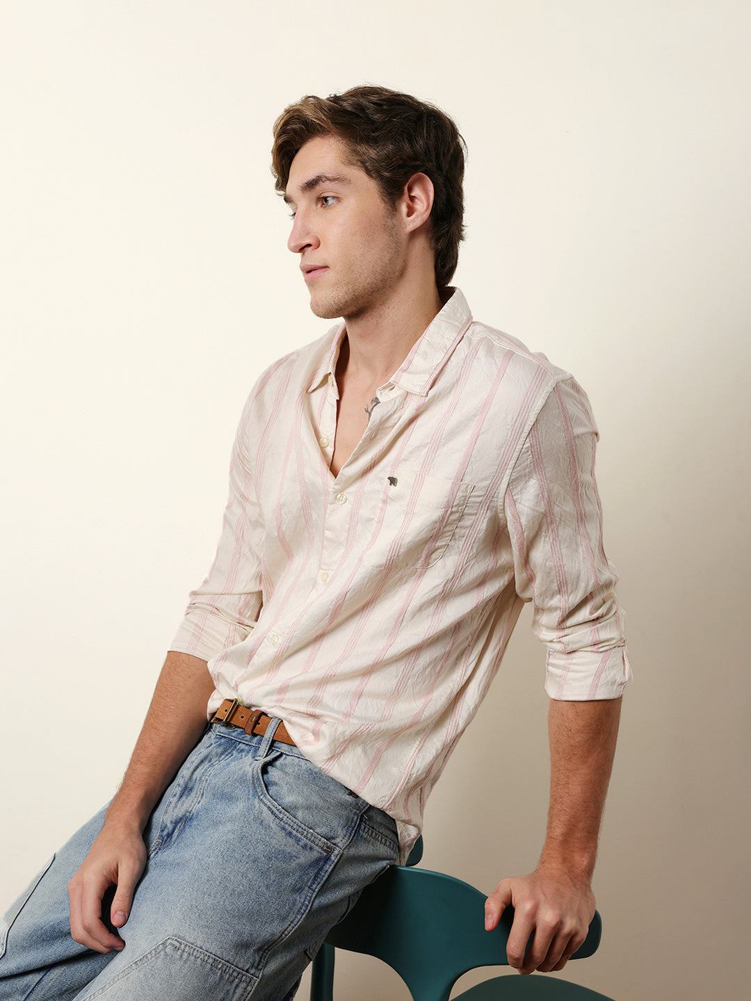 Pink & Cream Seersucker Vertical Pinstripe Slim Fit Casual Shirt
