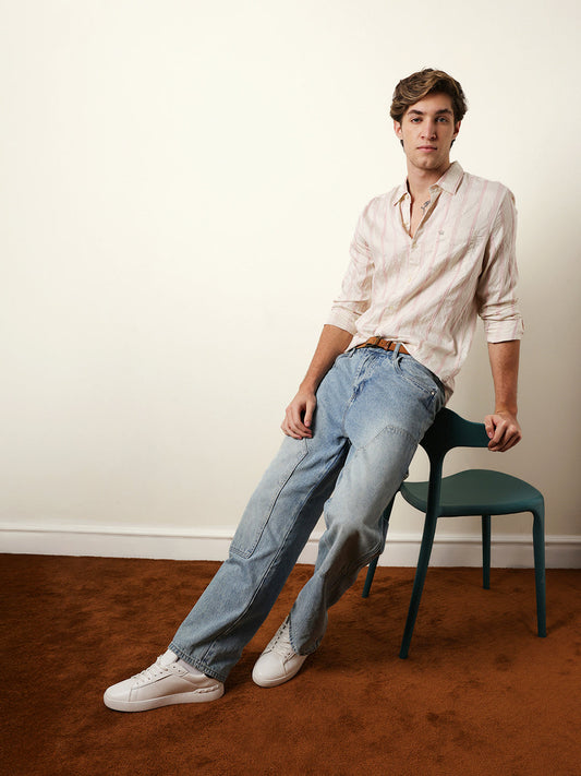 Pink & Cream Seersucker Vertical Pinstripe Slim Fit Casual Shirt