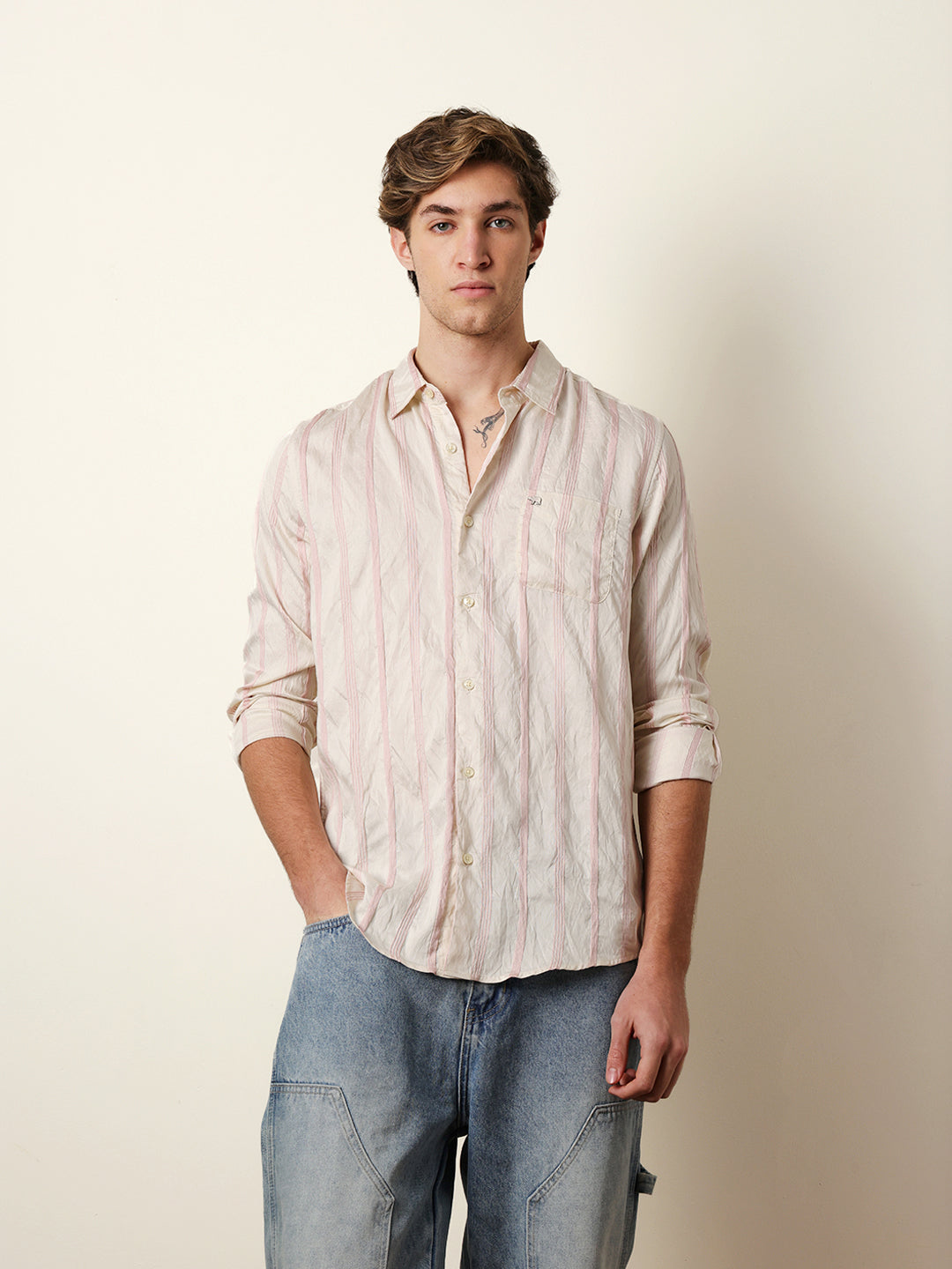 Pink & Cream Seersucker Vertical Pinstripe Slim Fit Casual Shirt