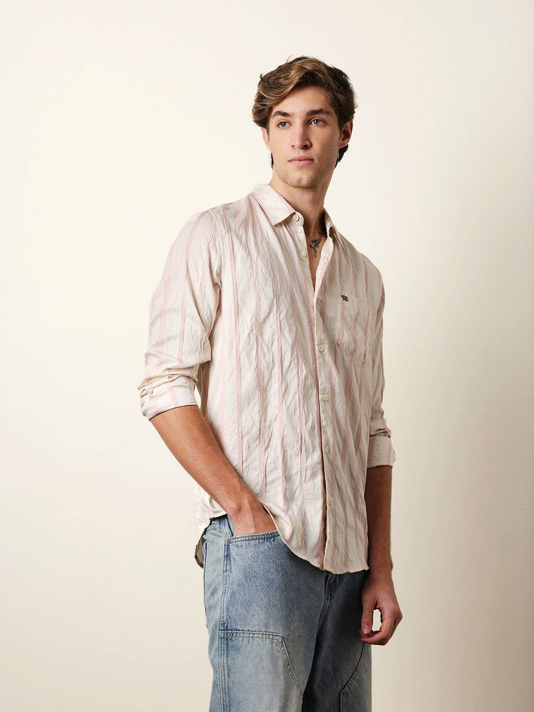 Pink & Cream Seersucker Vertical Pinstripe Slim Fit Casual Shirt