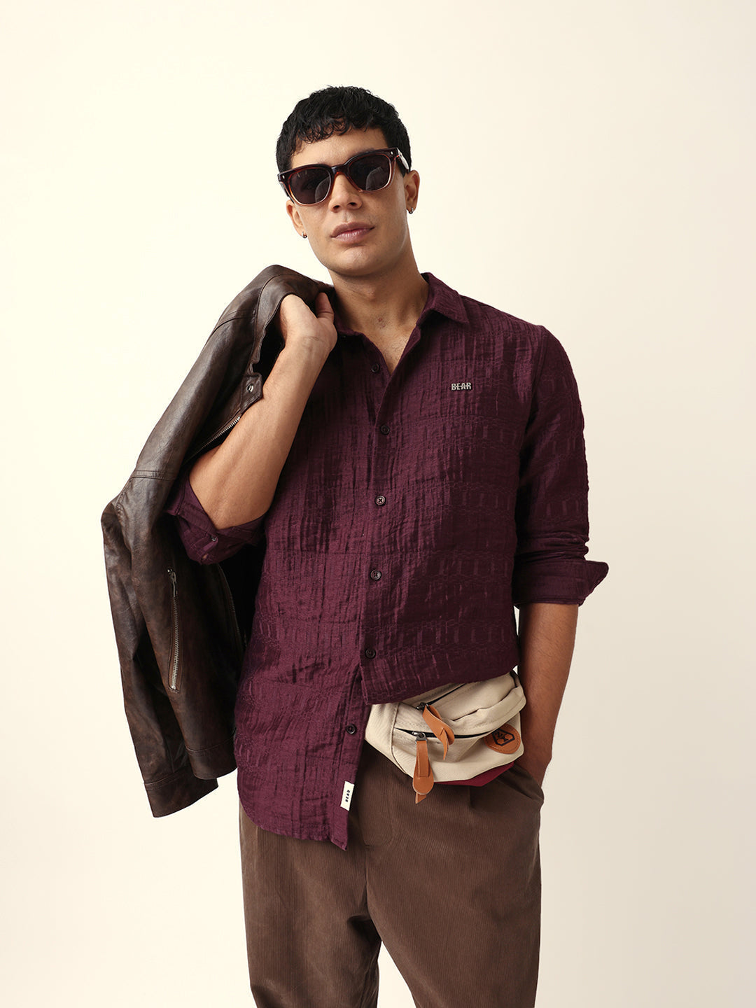 Maroon Textured Woven Self-Design Slim Fit Casual Shirt